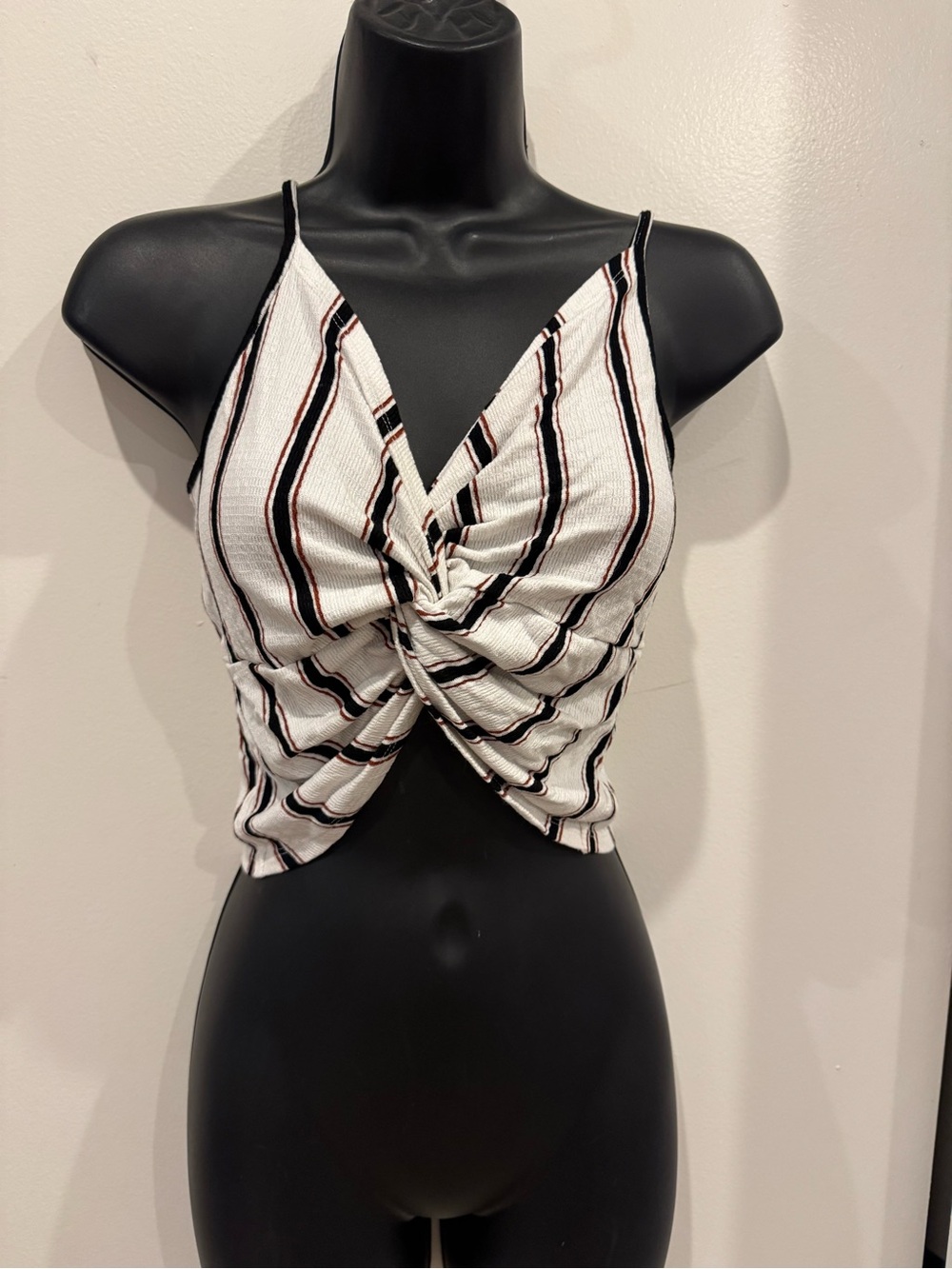 Striped Twist-Front Spaghetti Strap Crop Top - White/Black/Burgundy